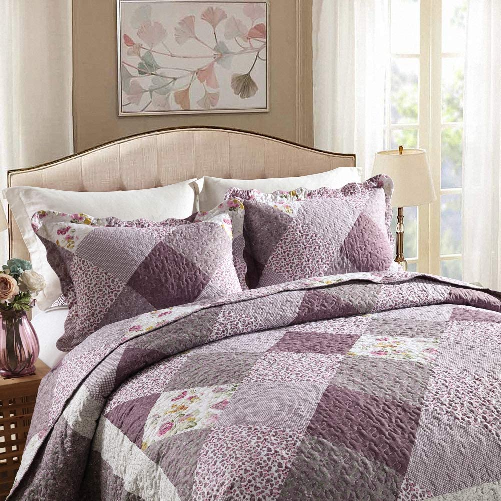 Cuvertură reversibilă din microfibră, cuvertură cu model floral în carouri violet