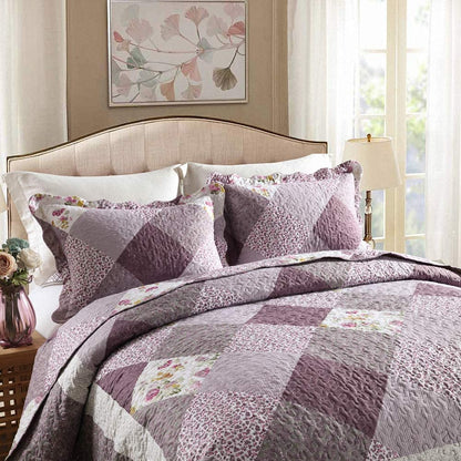 Microfiber Reversible Quilt, Sham in Purple Checked Floral Pattern