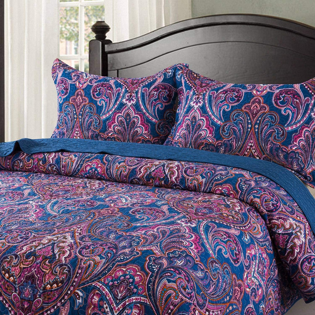 Seturi de cuvertură de pat din bumbac-Set de cuvertură reversabilă, model floral clasic european, dimensiune Queen