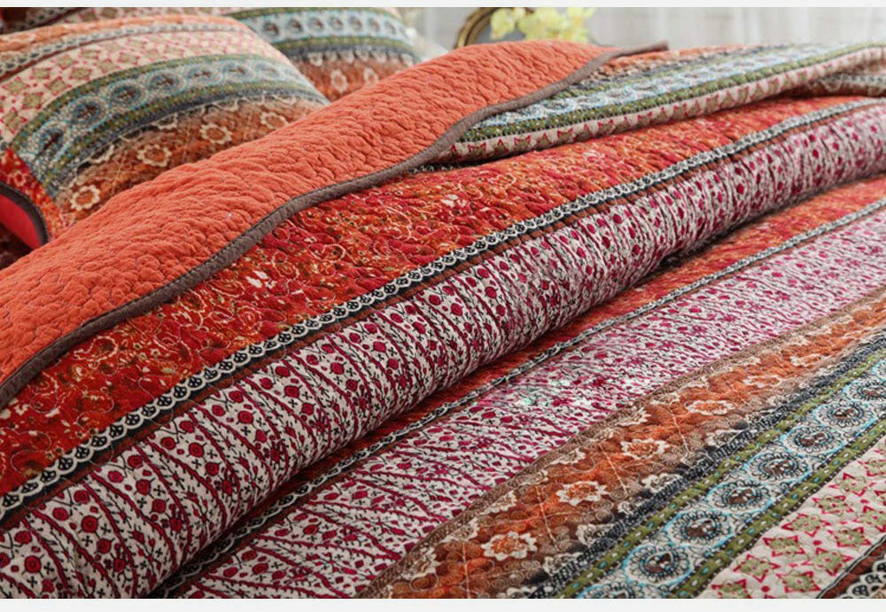Cotton Patchwork Bedspread Quilt Sets,Orange Striped