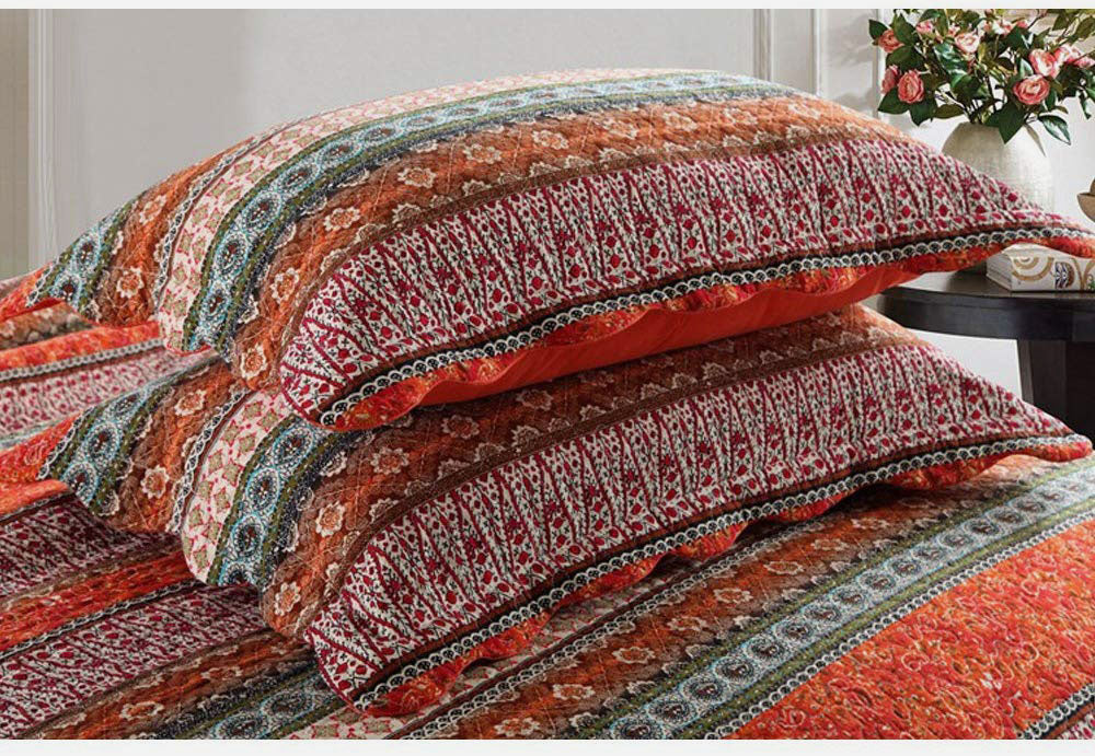 Cotton Patchwork Bedspread Quilt Sets,Orange Striped