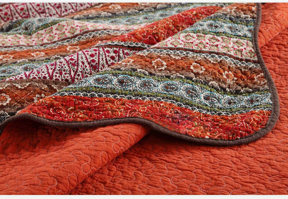 Cotton Patchwork Bedspread Quilt Sets,Orange Striped