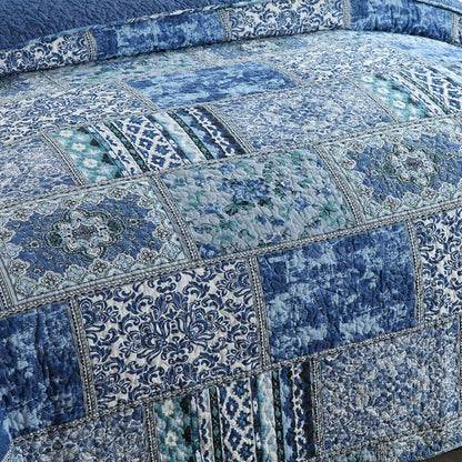 100% Cotton Bedspread Quilt Sets-Reversible Patchwork Coverlet Set in Blue Classic Bohemian Pattern - newlakedown