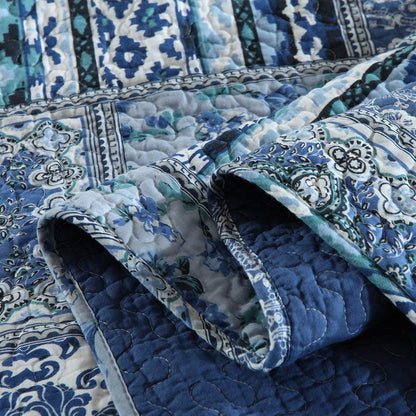 100% Cotton Bedspread Quilt Sets-Reversible Patchwork Coverlet Set in Blue Classic Bohemian Pattern - newlakedown