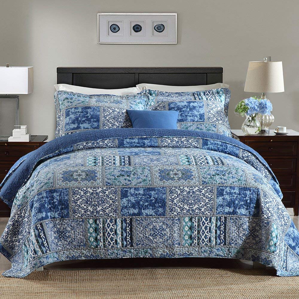 100% Cotton Bedspread Quilt Sets-Reversible Patchwork Coverlet Set in Blue Classic Bohemian Pattern - newlakedown