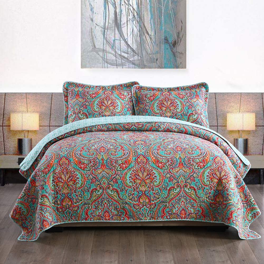 European Gorgeous Floral Pattern,Cotton Queen Size Bedspread Quilt Sets, Reversible Patchwork Coverlet Set