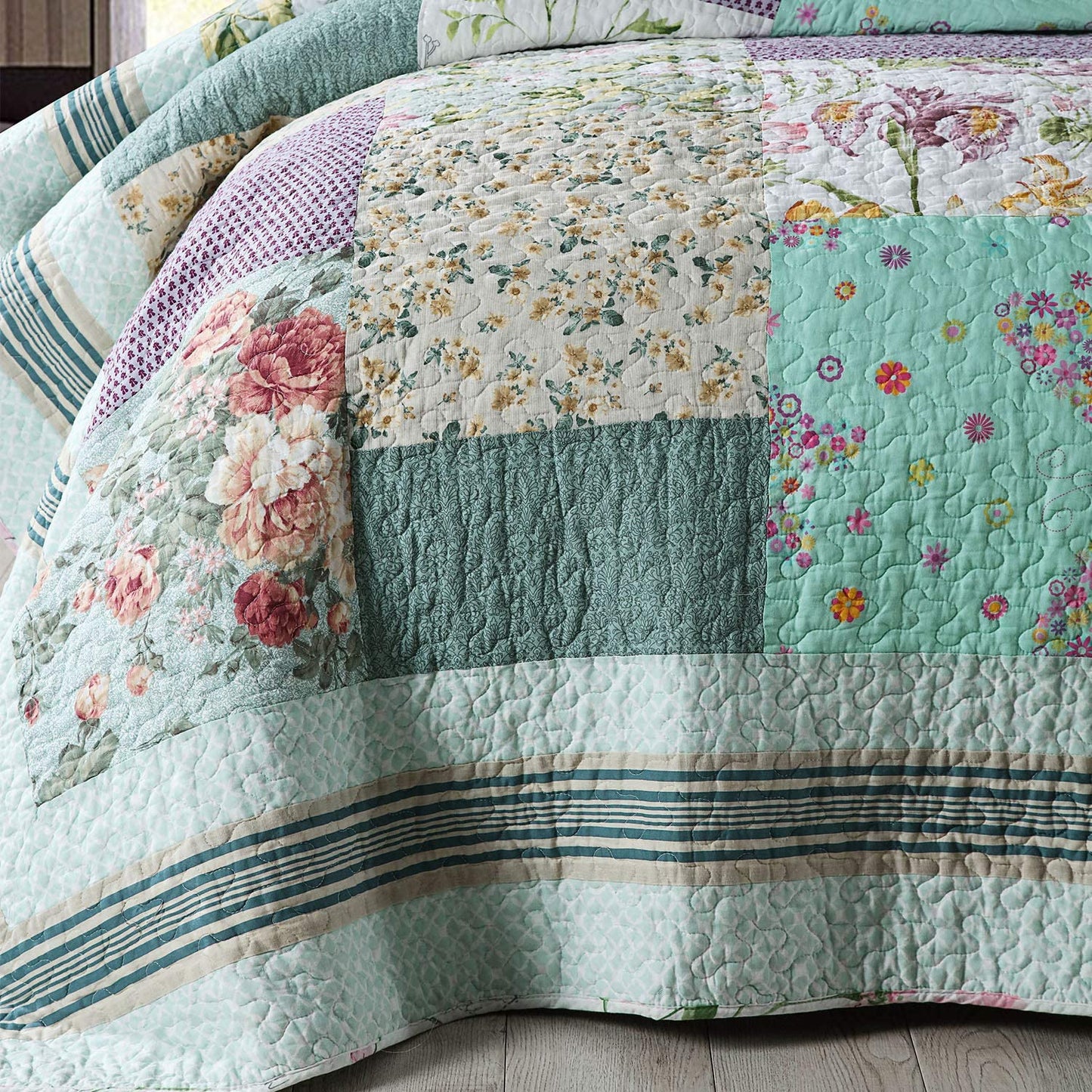 Cotton Bedspread Quilt Set with Real Stitched Embroidery Green Rustic Floral Pattern