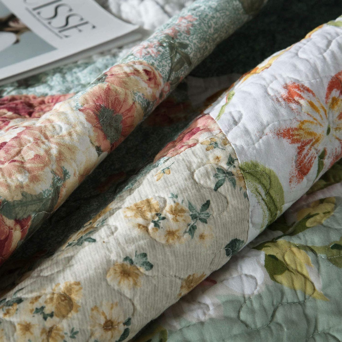 Cotton Bedspread Quilt Set with Real Stitched Embroidery Green Rustic Floral Pattern