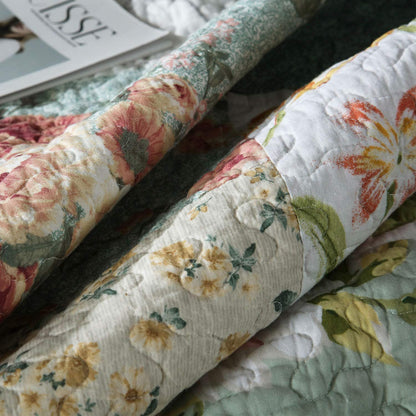Cotton Bedspread Quilt Set with Real Stitched Embroidery Green Rustic Floral Pattern