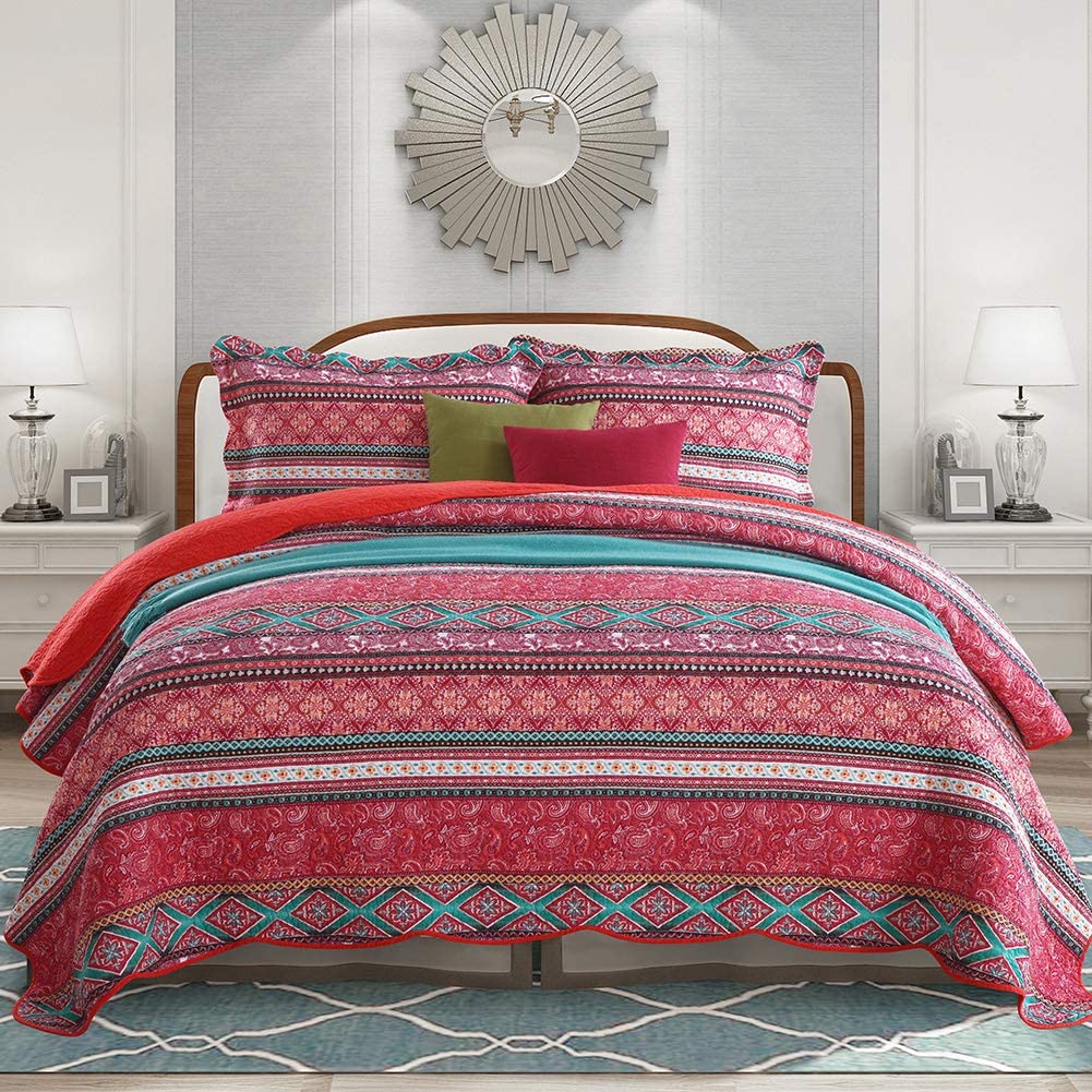 Cotton Bedspread Quilt Sets-Reversible Patchwork Coverlet Set, Striped Bohemian Pattern,Full Size