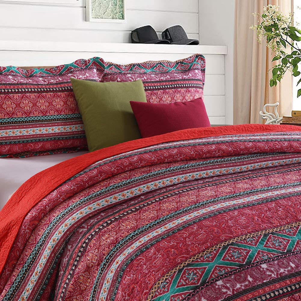 Cotton Bedspread Quilt Sets-Reversible Patchwork Coverlet Set, Striped Bohemian Pattern,Full Size