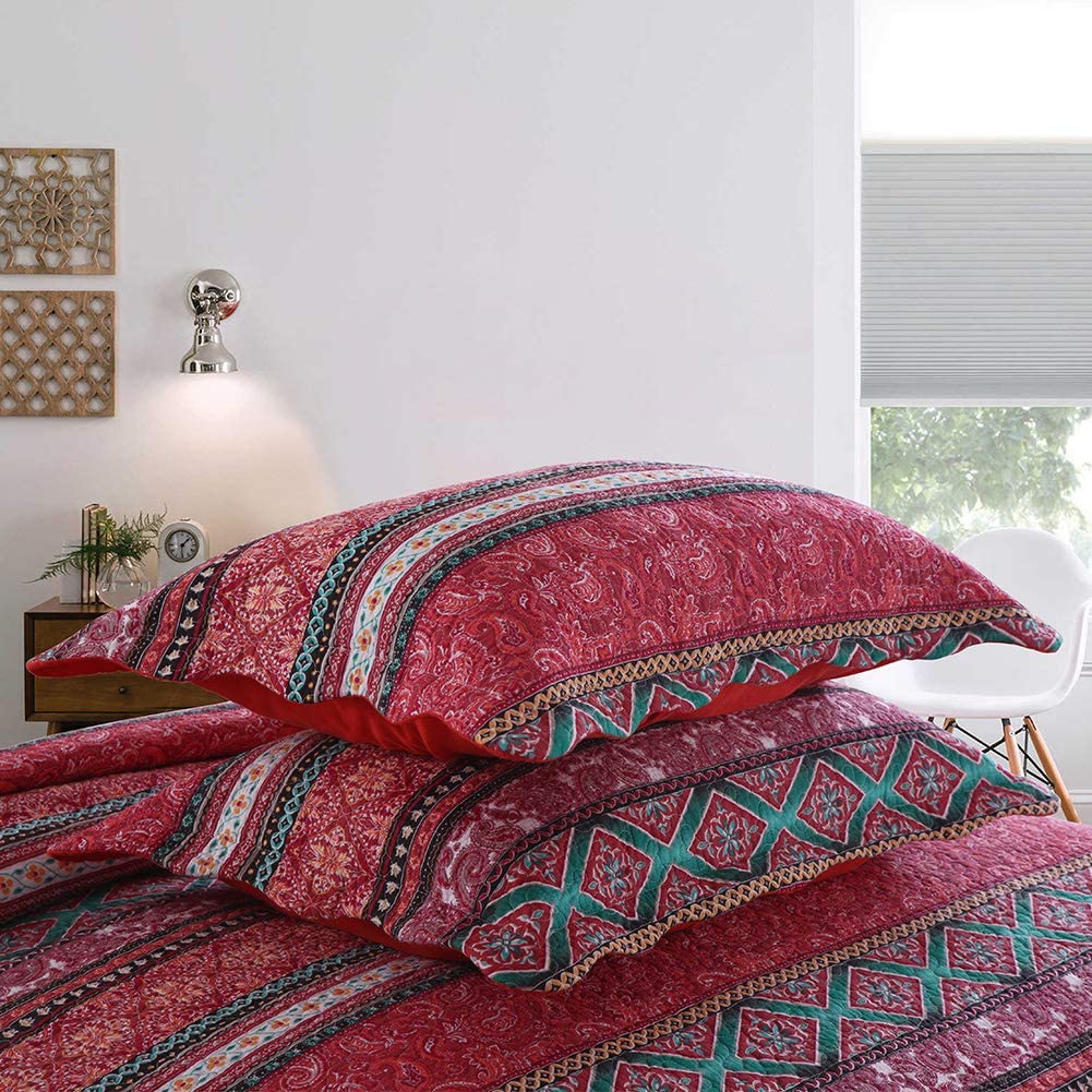 Cotton Bedspread Quilt Sets-Reversible Patchwork Coverlet Set, Striped Bohemian Pattern,Full Size