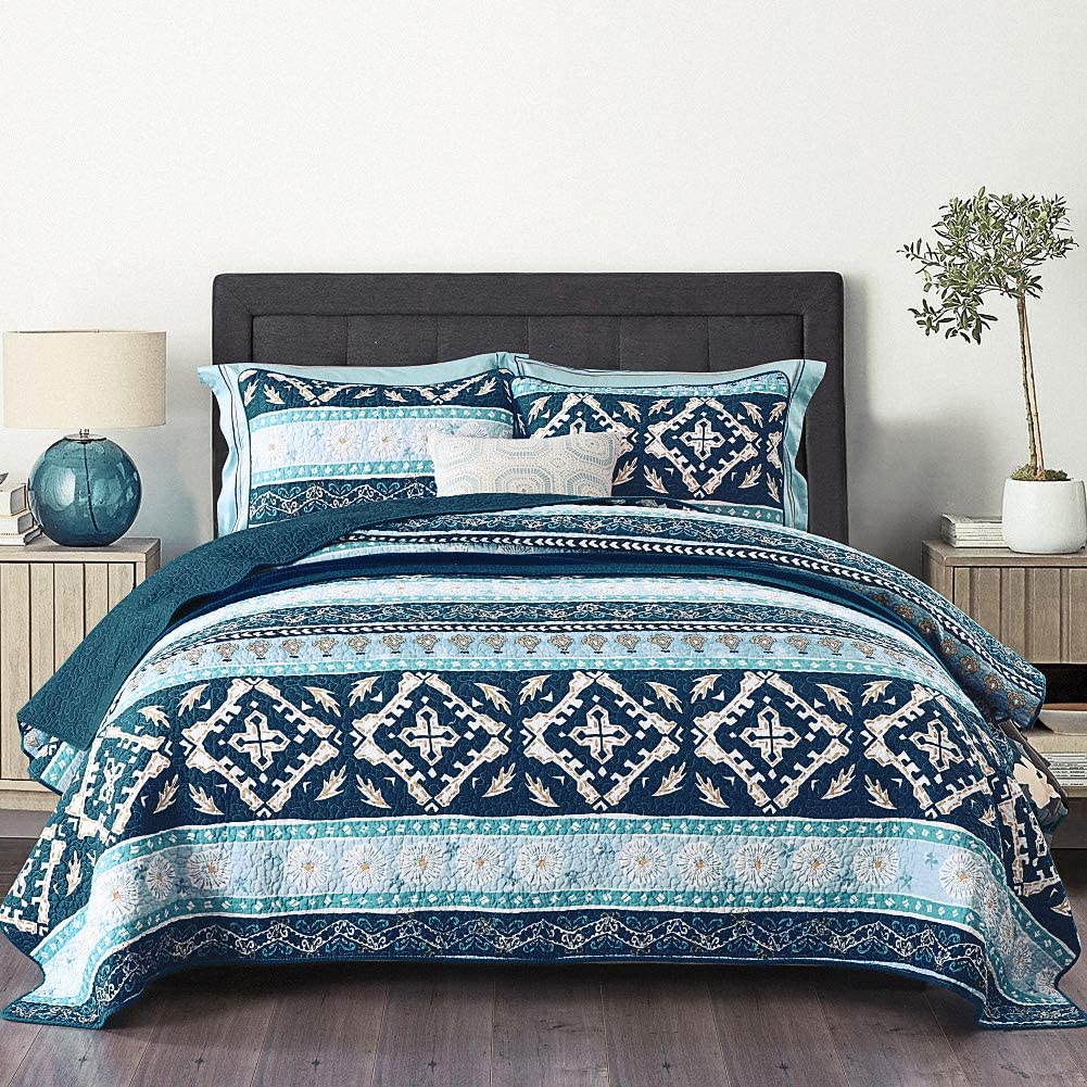 Cotton Bedspread Quilt Sets-Reversible Patchwork Coverlet Set, Boho Chic Pattern,Full Size
