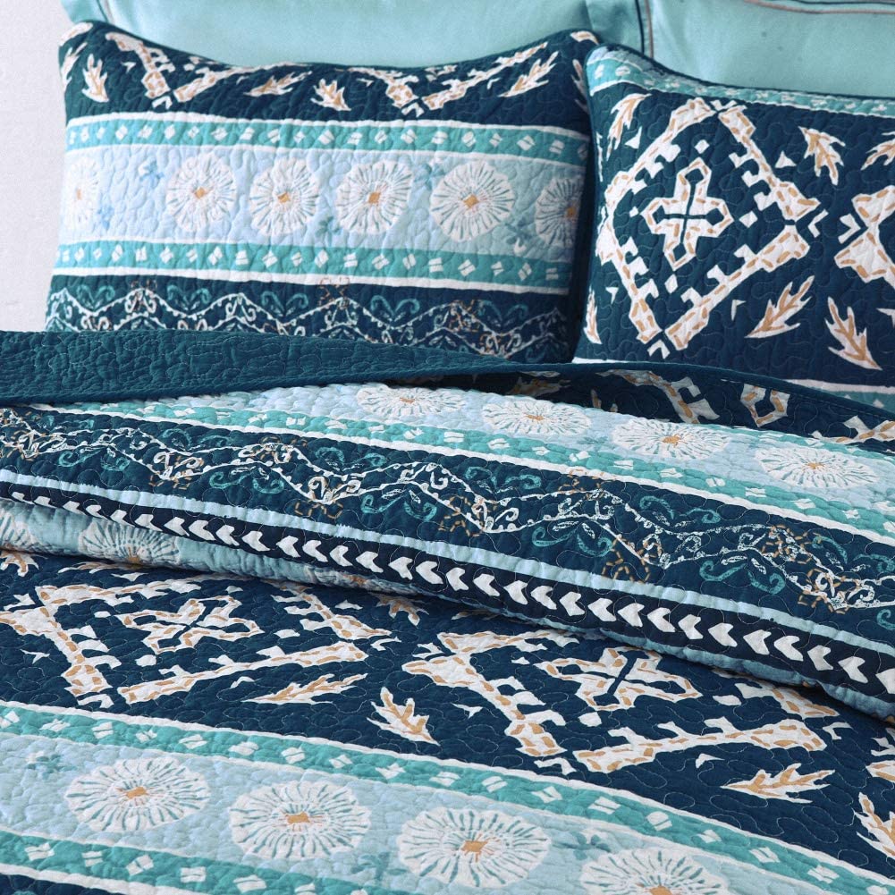 Cotton Bedspread Quilt Sets-Reversible Patchwork Coverlet Set, Boho Chic Pattern,Full Size