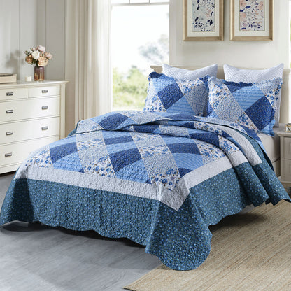 Microfiber Quilt Sets Lightweight Coverlet Set with Shams Quilted Bedding Set, Blue Floral Patchwork