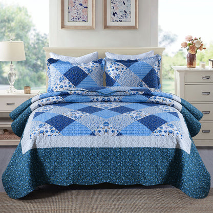 Microfiber Quilt Sets Lightweight Coverlet Set with Shams Quilted Bedding Set, Blue Floral Patchwork