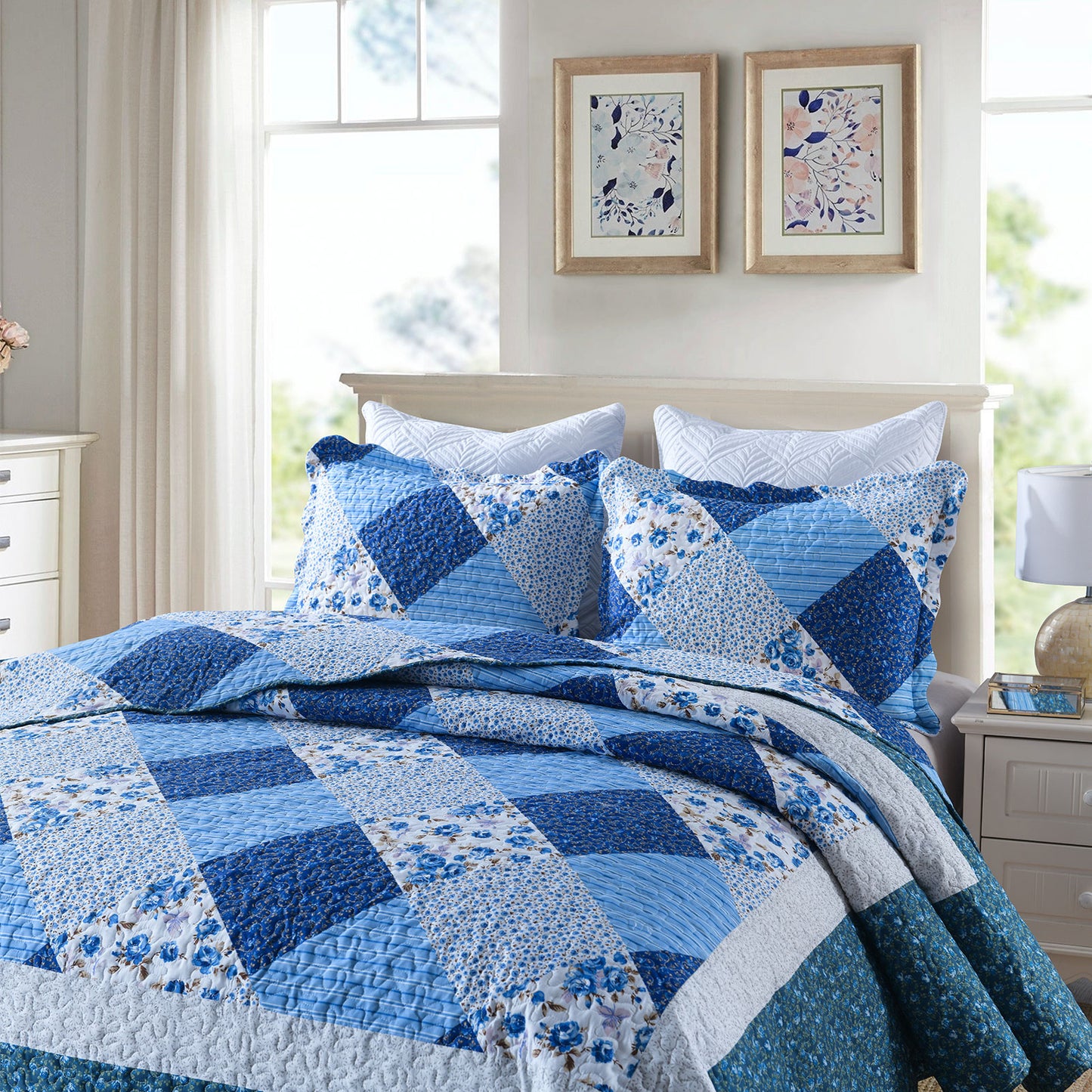 Microfiber Quilt Sets Lightweight Coverlet Set with Shams Quilted Bedding Set, Blue Floral Patchwork