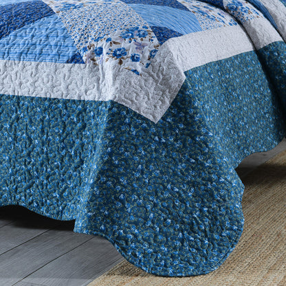 Microfiber Quilt Sets Lightweight Coverlet Set with Shams Quilted Bedding Set, Blue Floral Patchwork