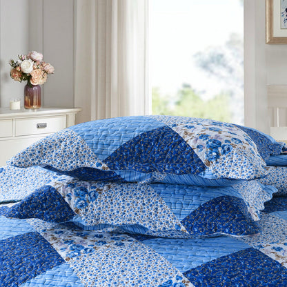 Microfiber Quilt Sets Lightweight Coverlet Set with Shams Quilted Bedding Set, Blue Floral Patchwork