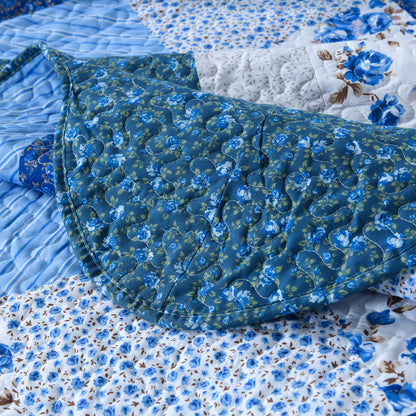 Microfiber Quilt Sets Lightweight Coverlet Set with Shams Quilted Bedding Set, Blue Floral Patchwork