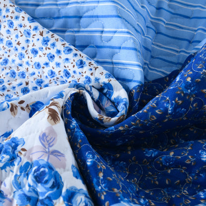 Microfiber Quilt Sets Lightweight Coverlet Set with Shams Quilted Bedding Set, Blue Floral Patchwork