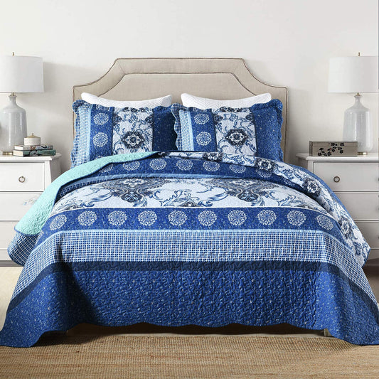 Microfiber Reversible Quilt, Sham in Royal Blue Vase Pattern
