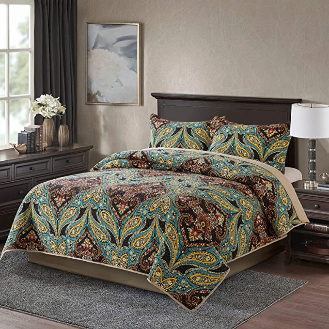 100% Cotton Bedspread Quilt Sets, Reversible Patchwork Coverlet Set, European Rouge Floral Pattern
