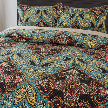 100% Cotton Bedspread Quilt Sets, Reversible Patchwork Coverlet Set, European Rouge Floral Pattern