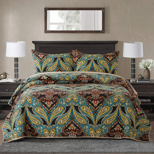 100% Cotton Bedspread Quilt Sets, Reversible Patchwork Coverlet Set, European Rouge Floral Pattern
