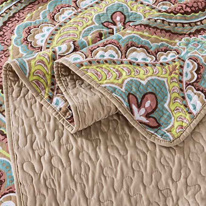 100% Cotton Bedspread Quilt Sets, Reversible Patchwork Coverlet Set, Brown Bohemian Style