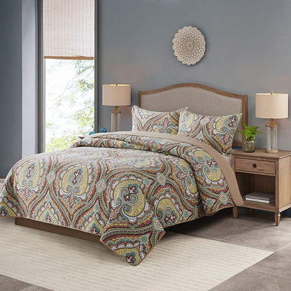 100% Cotton Bedspread Quilt Sets, Reversible Patchwork Coverlet Set, Brown Bohemian Style